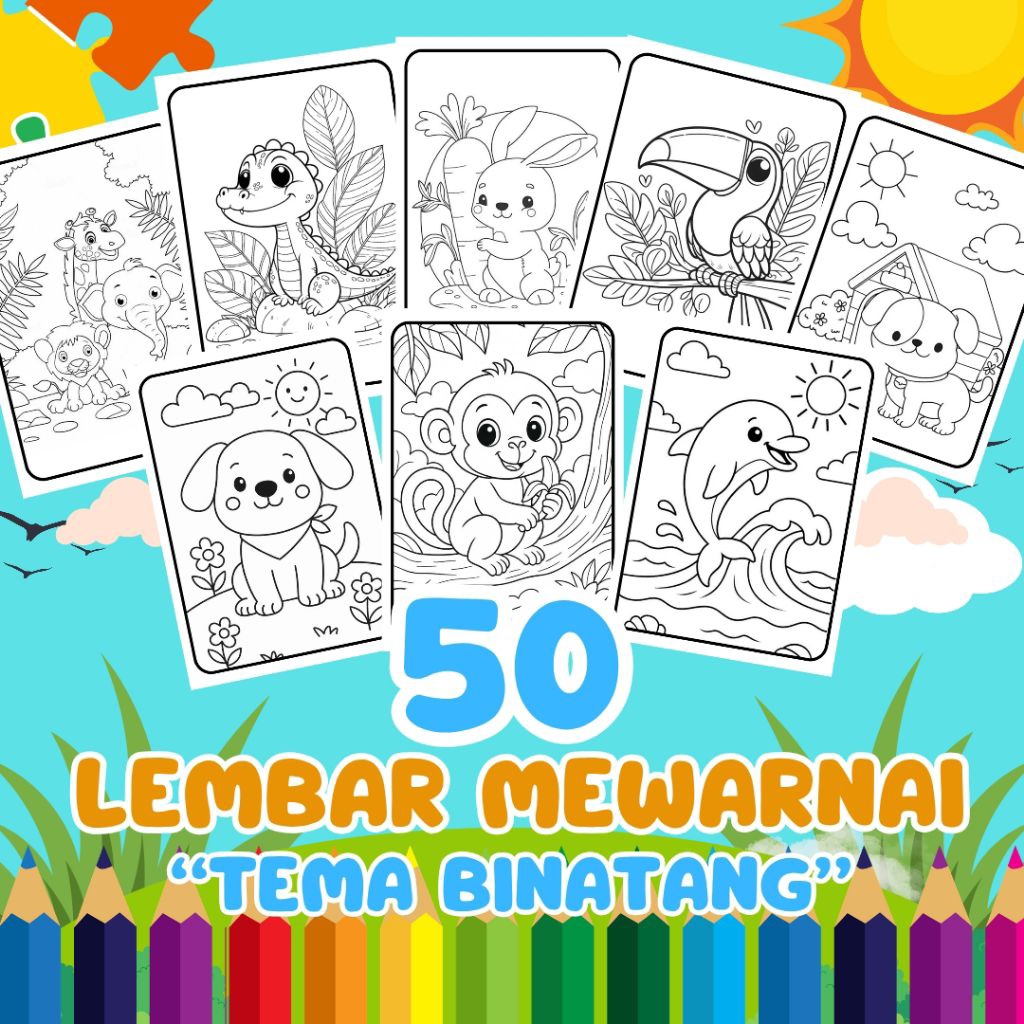 Lembar Mewarnai A5 Hewan Hewan - 50 Lembar, Gambar Edukatif untuk Anak PAUD/TK tema binatang
