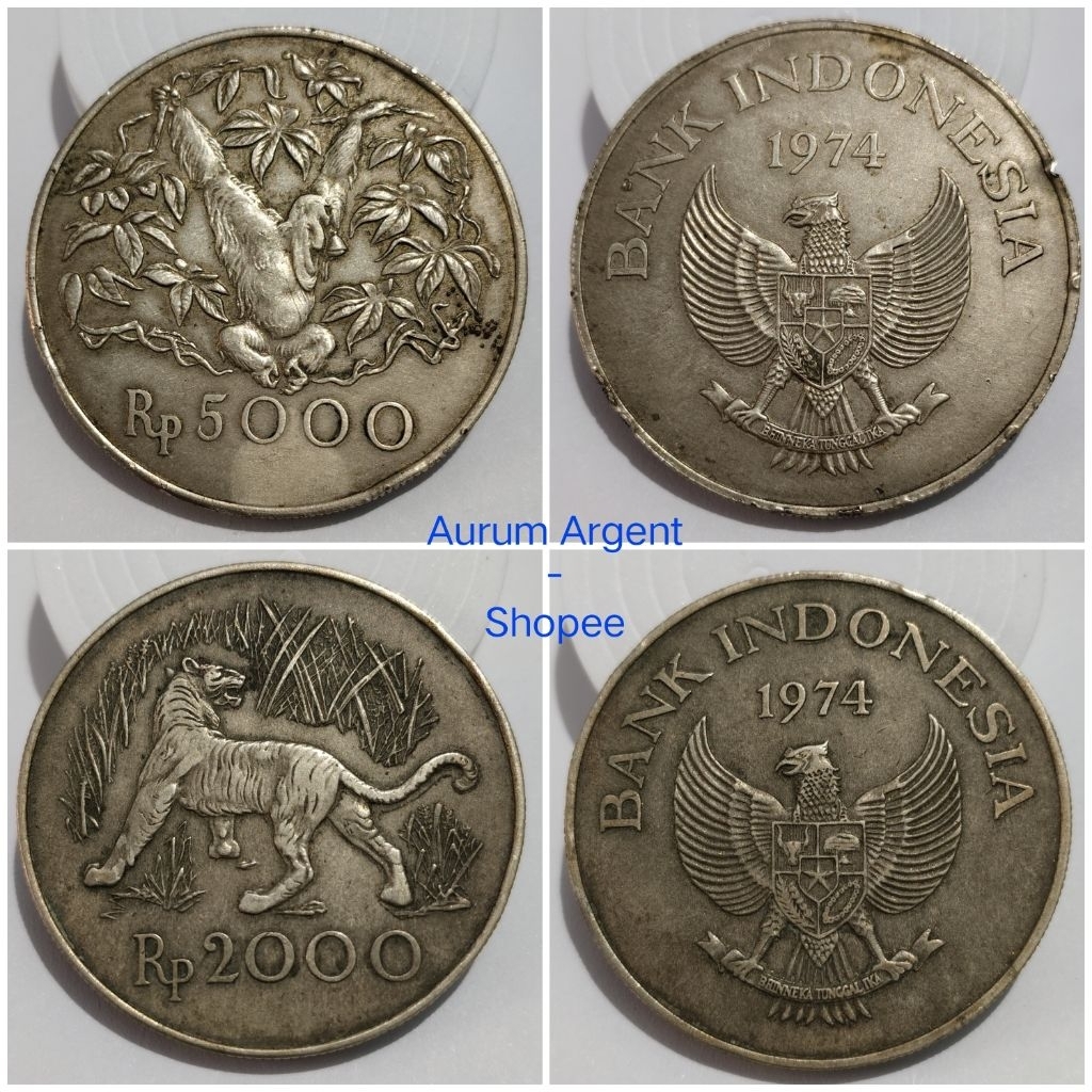 AA.95-- 2 PC KOIN PERAK KUNO ASLI SET WWF COMMORATIVE  ORANG UTAN DAN MACAN TH 1974 -- SILVER COIN -