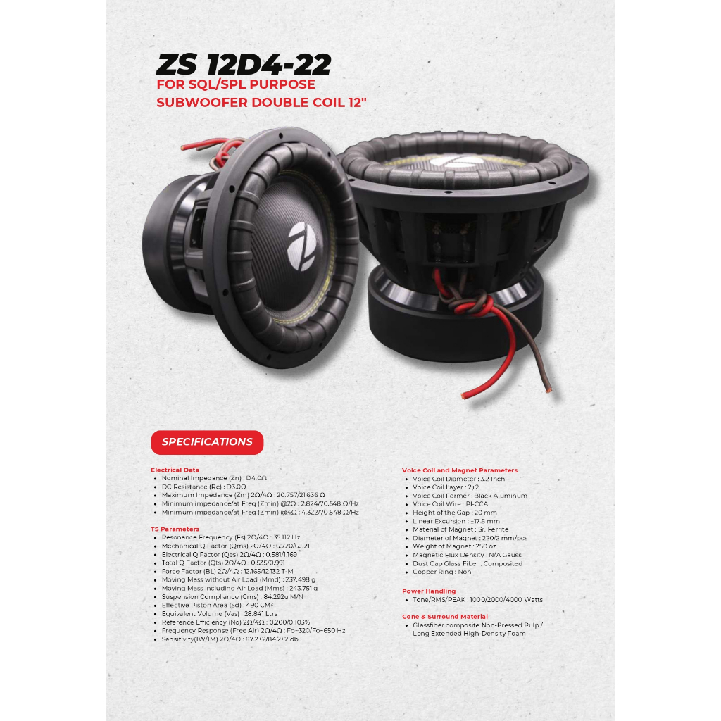 ZEVOX ZS12D4-22 SQL/SPL Subwoofer 12"" Double Voice Coil