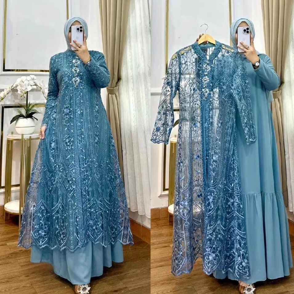 limited set gamis pesta mewah 2in1 - inner dress polos dan outer brokat lace tutu premium -