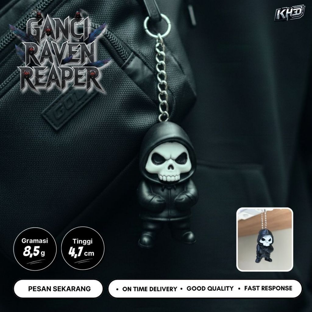 Gantungan Kunci Raven Reaper Grim Reaper Premium Aesthetic – Keychain Death Reaper Hitam Gothic Dark