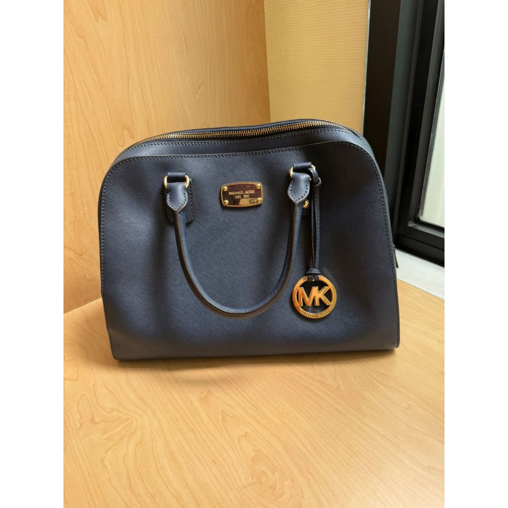 Original MK Michael Kors Saffiano Leather Large Dark Blue Navy Satchel Bag Handbag Cross Body Bag Ta