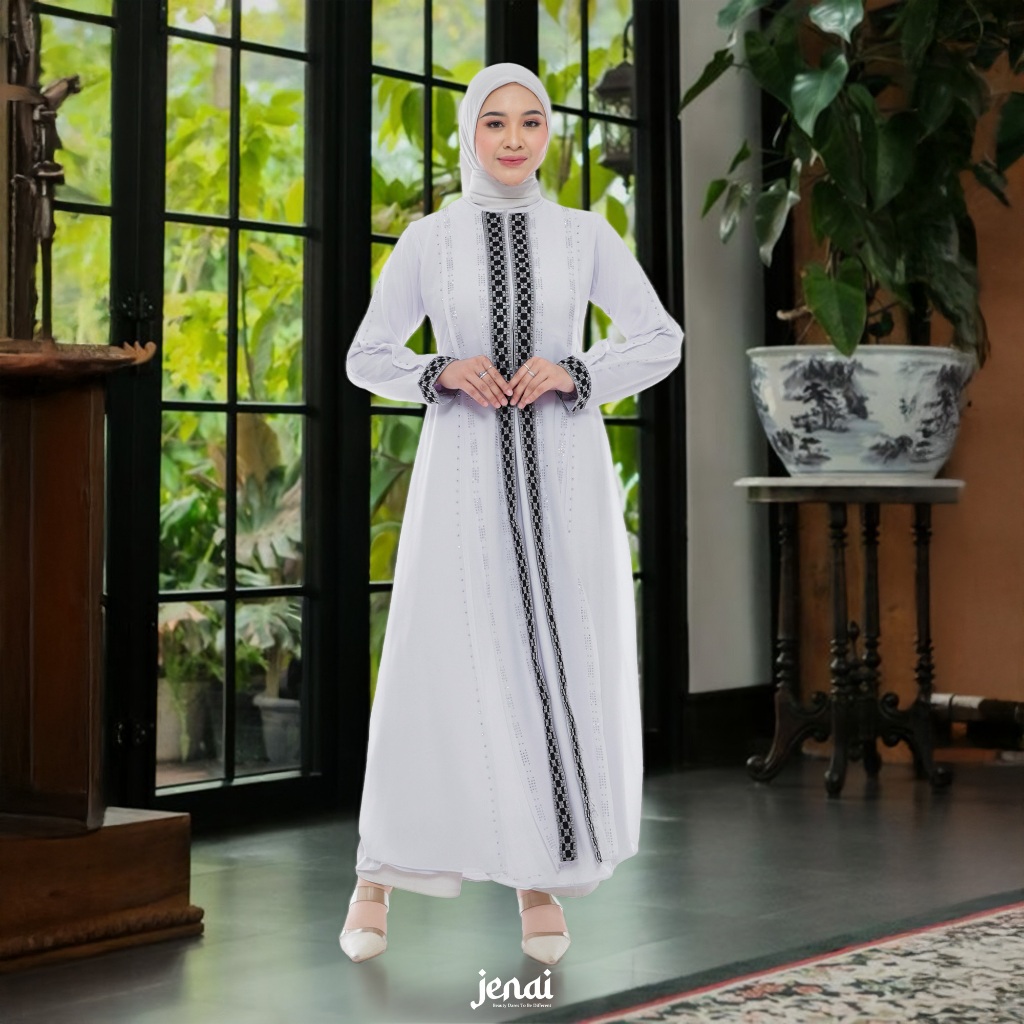 JENAI Abaya Putih Elegan - Gamis Hitam Mewah Terbaru dan Busui Friendly