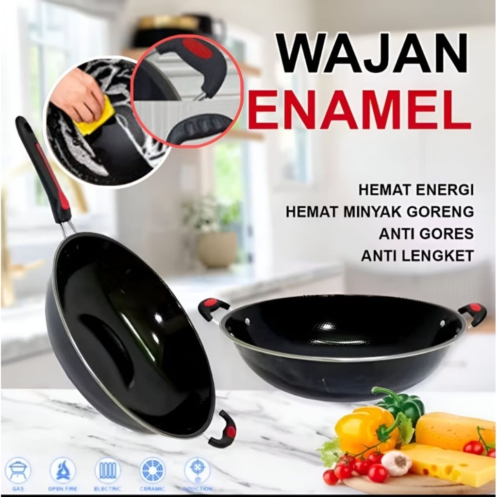 Shenar Penggorengan/Wajan/Kuali/Panci Stainless/Panci Kukus/ Panci Enamel Anti Gores - ENAMEL KUALI 