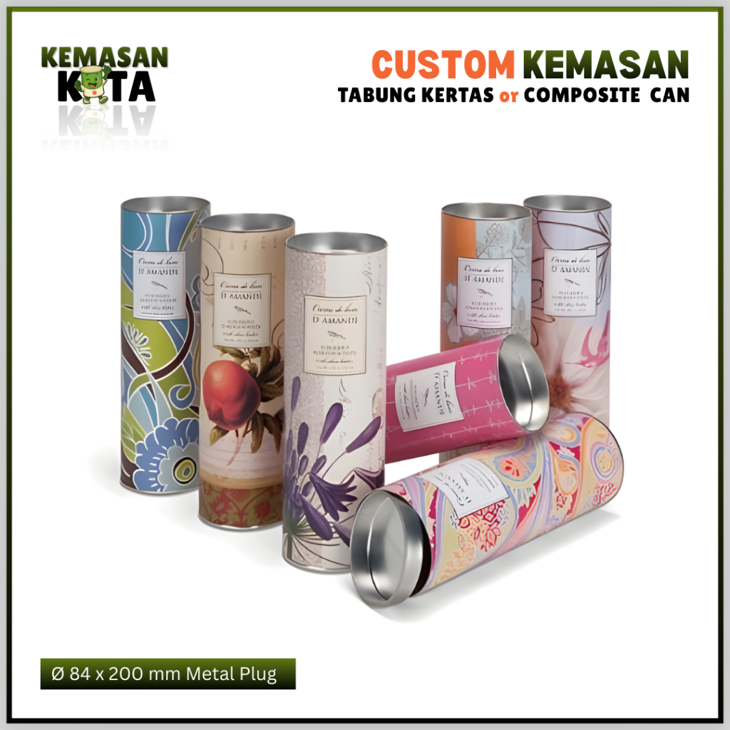 Tabung Kertas / Composite Can Premium Food-Grade Ø 84 x 200 mm Metal Plug | Kemasan Aluma Custom