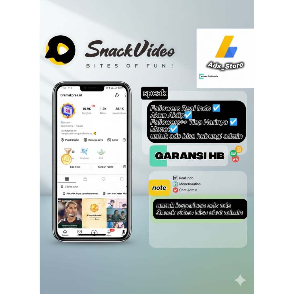 akun snack video ads(promosi) monet