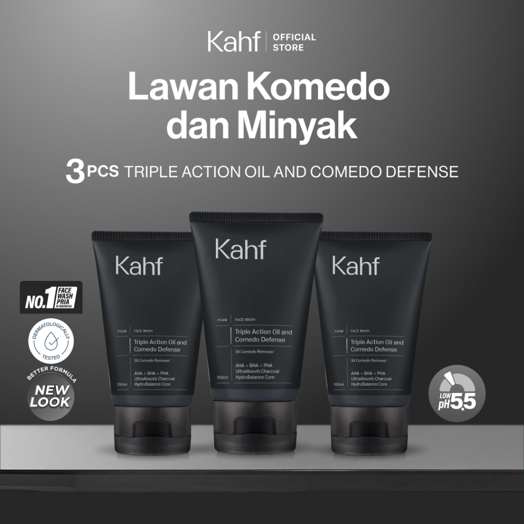 Triple Pack Kahf Face Wash Triple Action Oil and Comedo Defense 100 ml - 3 pcs Sabun Cuci Muka Pria 