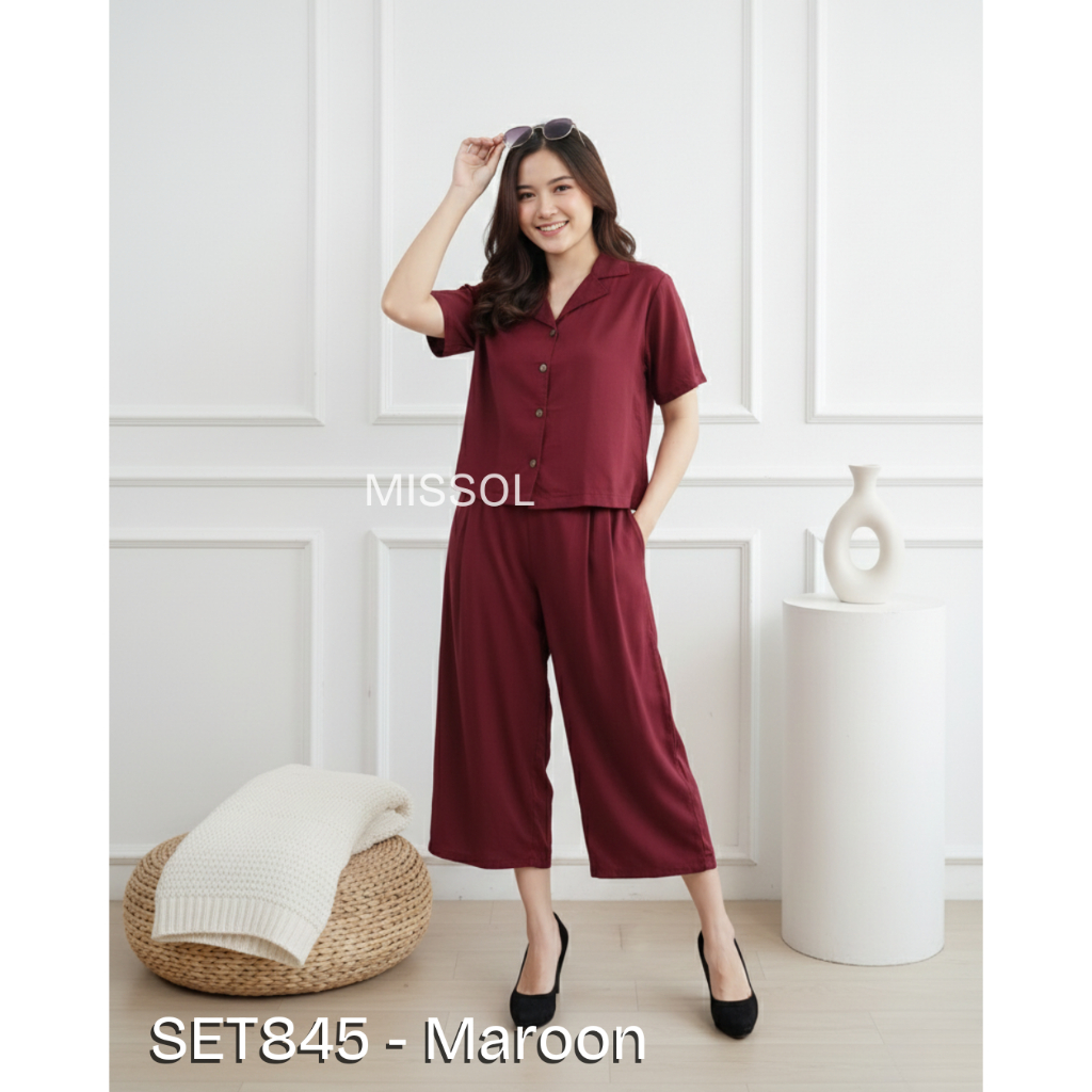 MISSOL One set setelan wanita rayon premium polos atasan model kemeja dan celana SET845