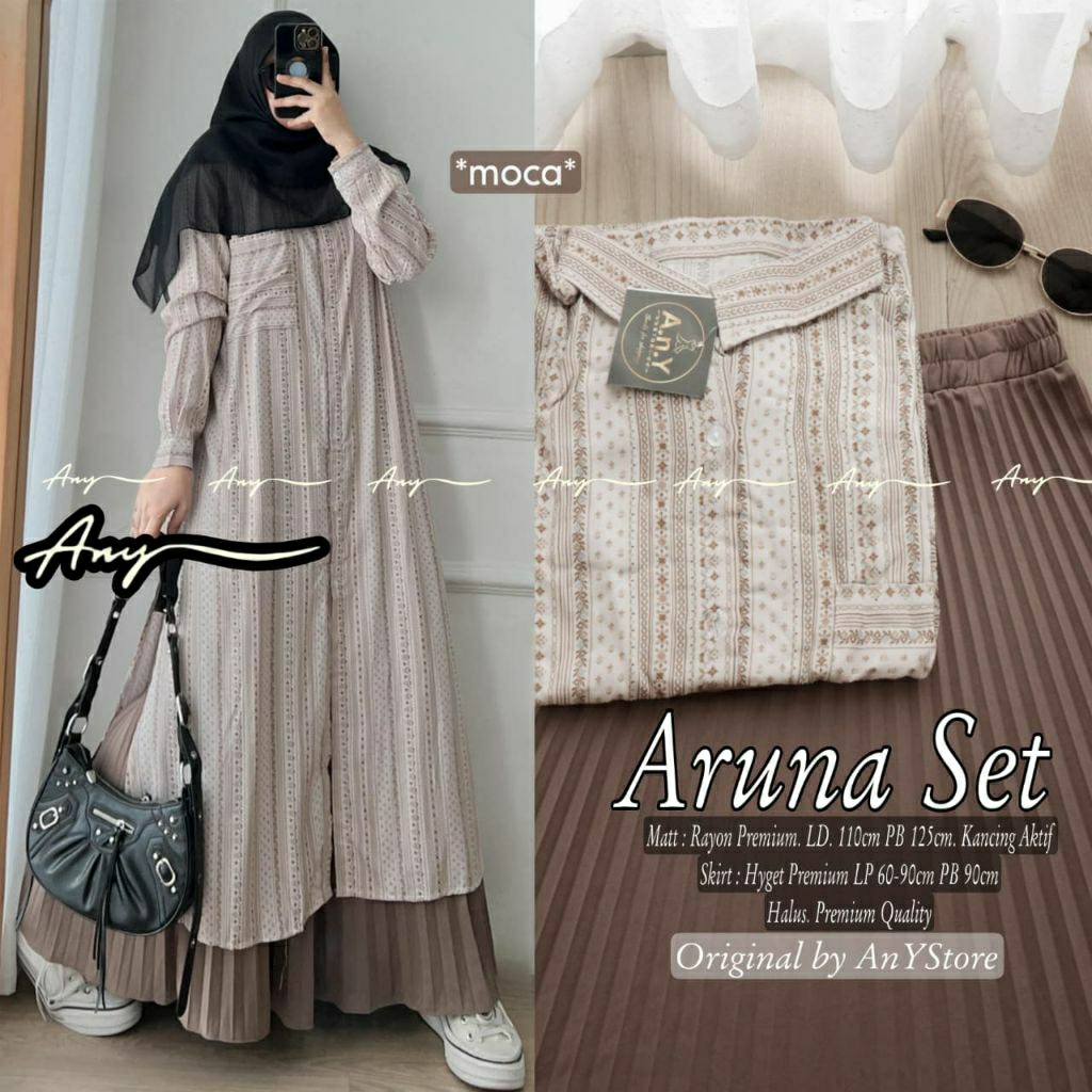 Aruna setelan long tunik rayon remaja muslimah motif stripe garis garis cantik