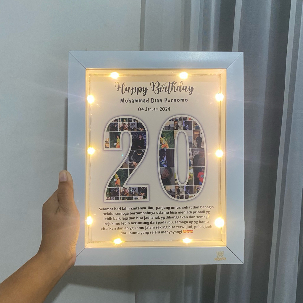 [ 20x25 cm ] Custom Frame Photo 3D Foto Kolase Angka LED | Hadiah Ultah Umur Angka | Kado Anniversar