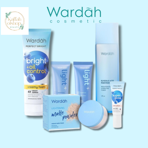 Wardah Paket Lightening Skincare Plus Bedak 6 Produk (Sabun Wajah+ Toner+ Serum+ Krim Siang+ Krim Ma