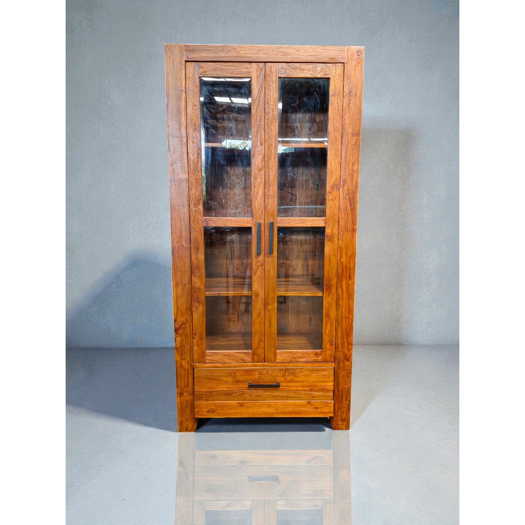 Adiku Lemari Hias Jati Minimalis Grade A 2 Pintu Kaca - Display Cabinet Estetik Pajangan Tas & Buku 