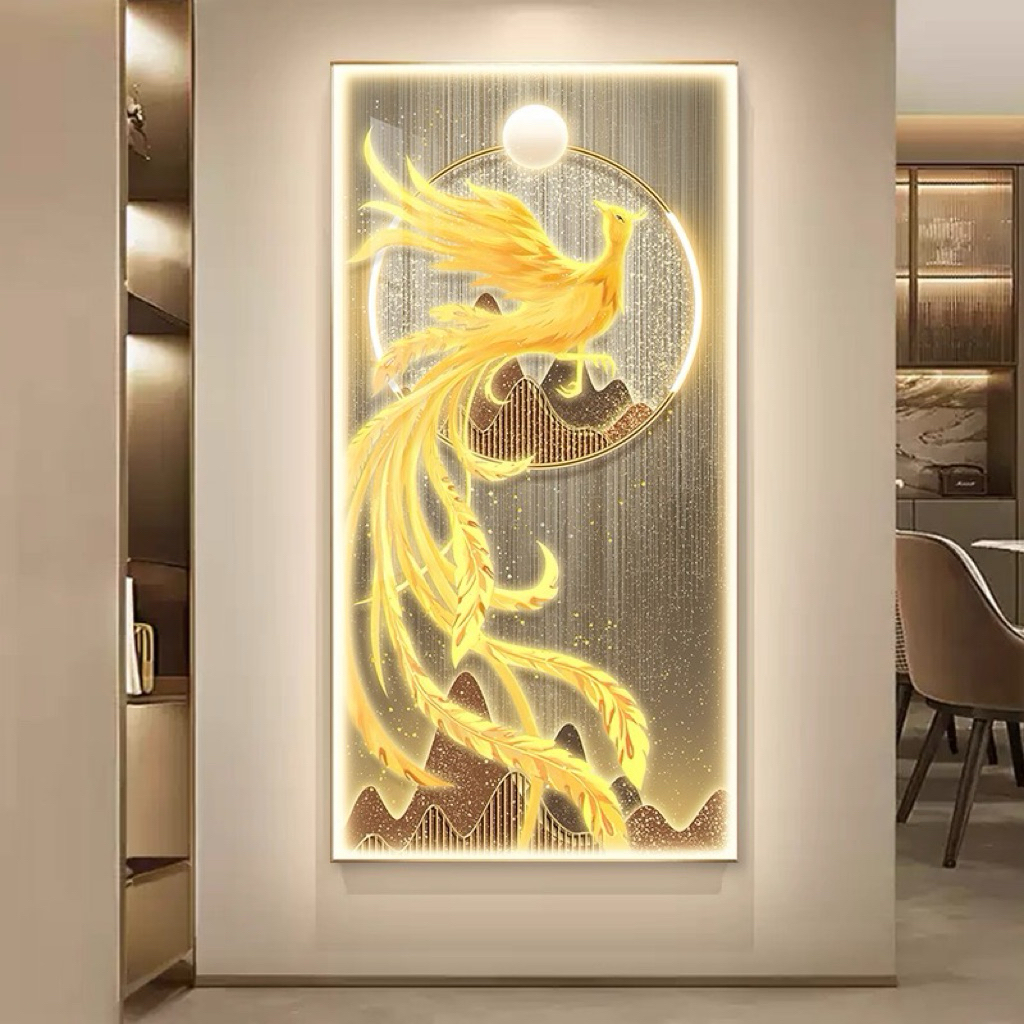 5D Lukisan Porcelain  Painting Daimond - Motif Burung Phoenix LED - Hiasan Dinding Include Bingkai