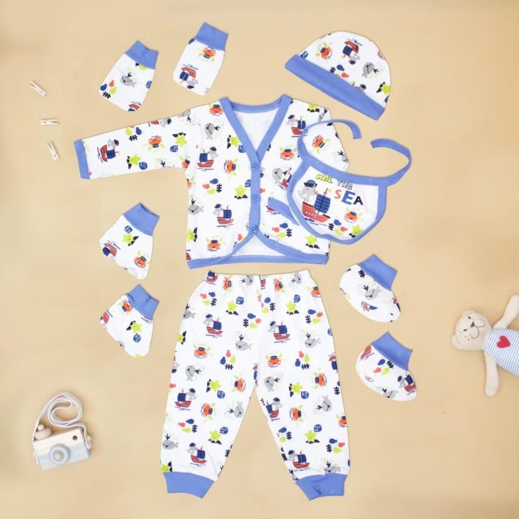 PROMOO (1 PCS) SETELAN BAYI PANJANG SATU SET 7IN1,BAJU,CELANA,BIB,SARUNG TANGAN,SARUNG KAKI,SEPATU,T
