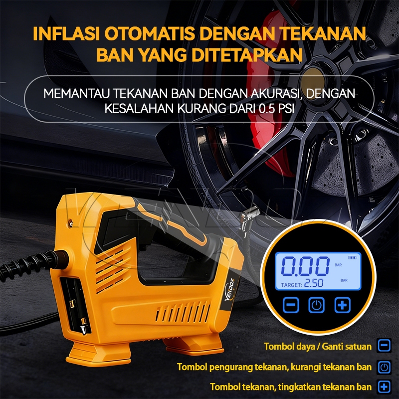 Uddjaya_ Vendoz Pompa Ban Mobil Elektrik Portable Truk Motor 21V Elektrik Cek Tekanan Angin Digital