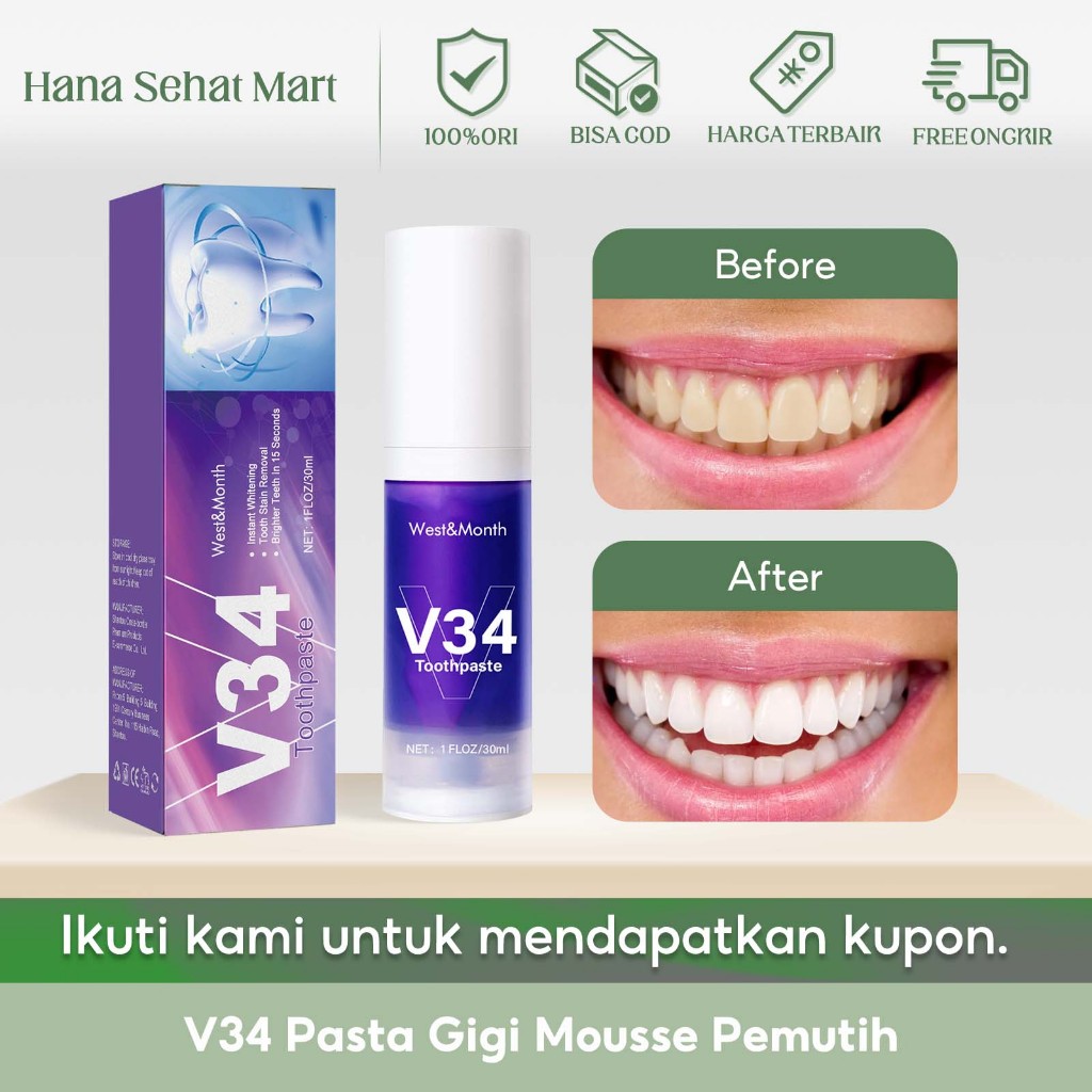 West&Month V34 Toothpaste 30ml V34 Pasta Gigi Mousse Pemutih First Aid For Yellow Teeth Makeup For T