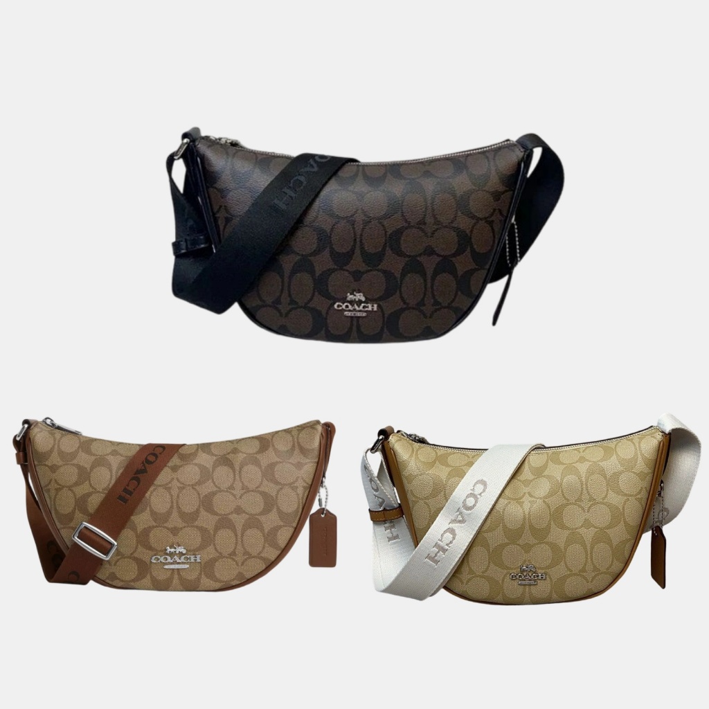 COACH Pace Shoulder Bag In Signature Canvas Khaki Saddle Tas Bulan Sabit Tas Croissant Kanvas Aan Ku
