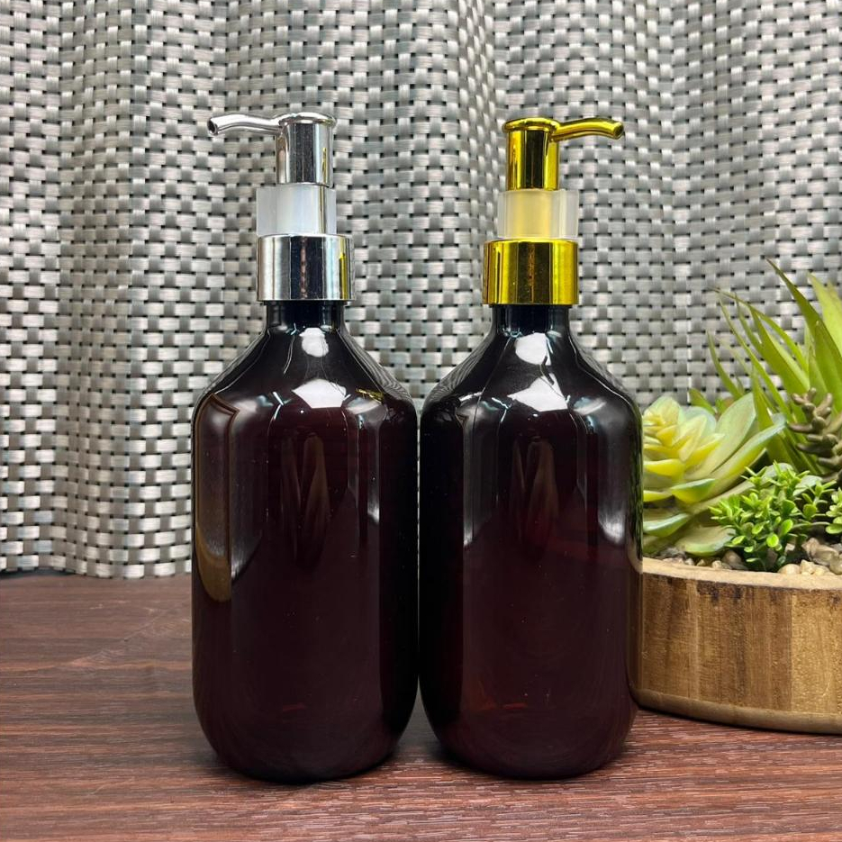 Botol Scarlet / Botol Pump Clip Oil 300 Ml / Botol Pet 300 Ml MADA COKLAT - Tutup Pump Clip Oil Gold