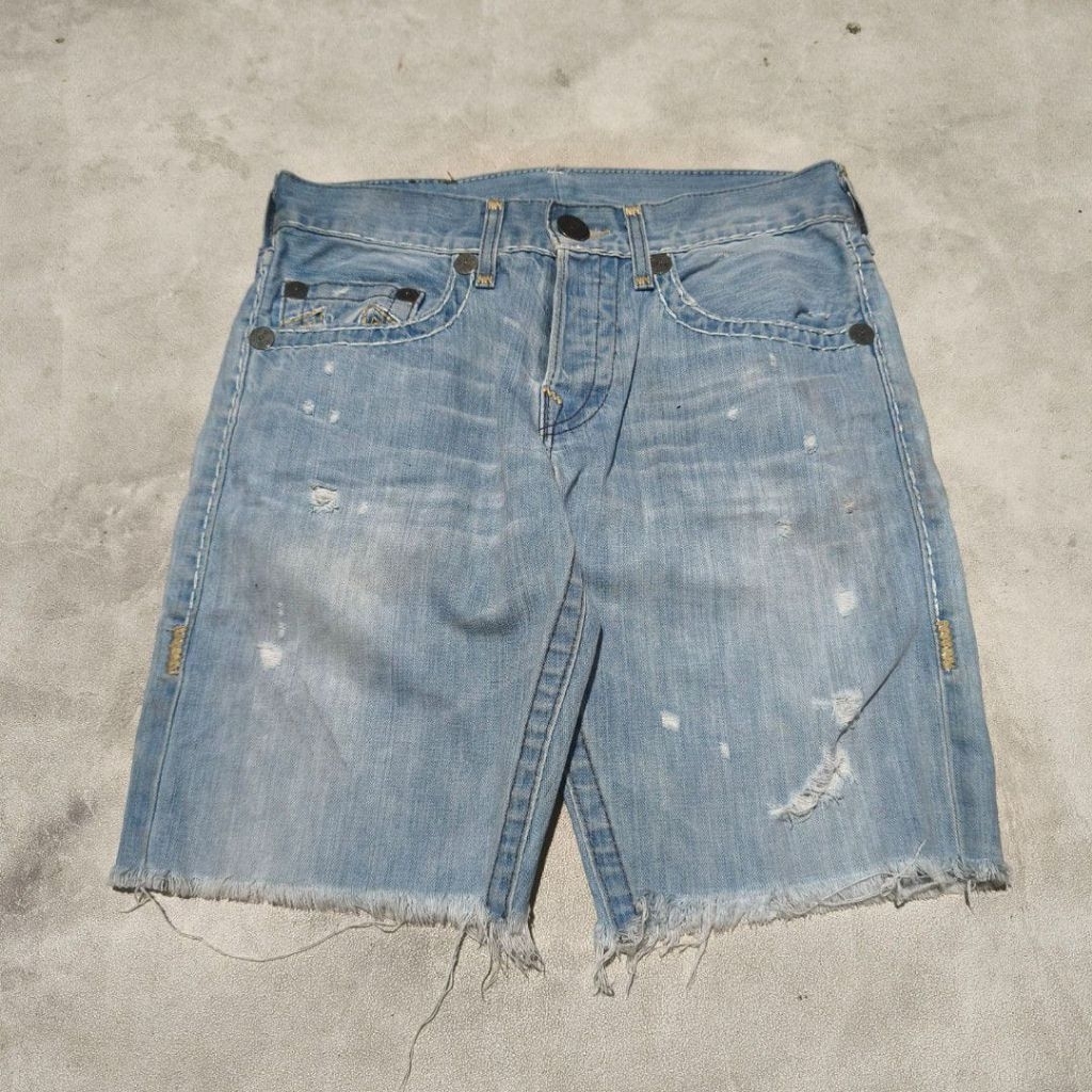 Celana pendek denim jeans pria true religion ripped