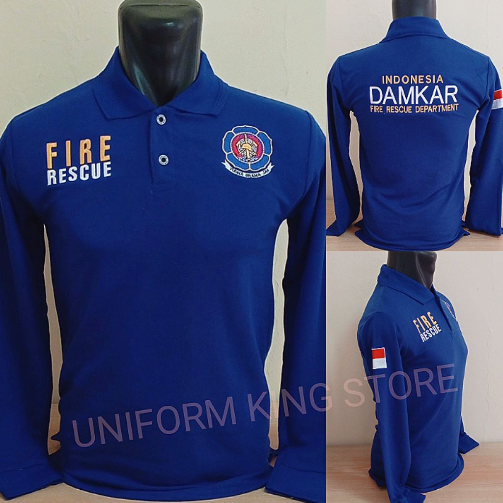 KAOS DAMKAR BIRU LENGAN PANJANG FULL BORDIR - KAOS KERAH DAMKAR BIRU BORDIR - KAOS DAMKAR BORDIR