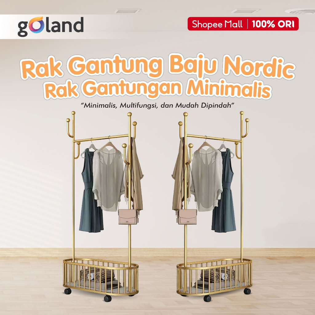 Goland Gantungan Baju Aesthetic Model Nordic - Gantungan Baju & Keranjang Pakaian 4 Roda Multifungsi