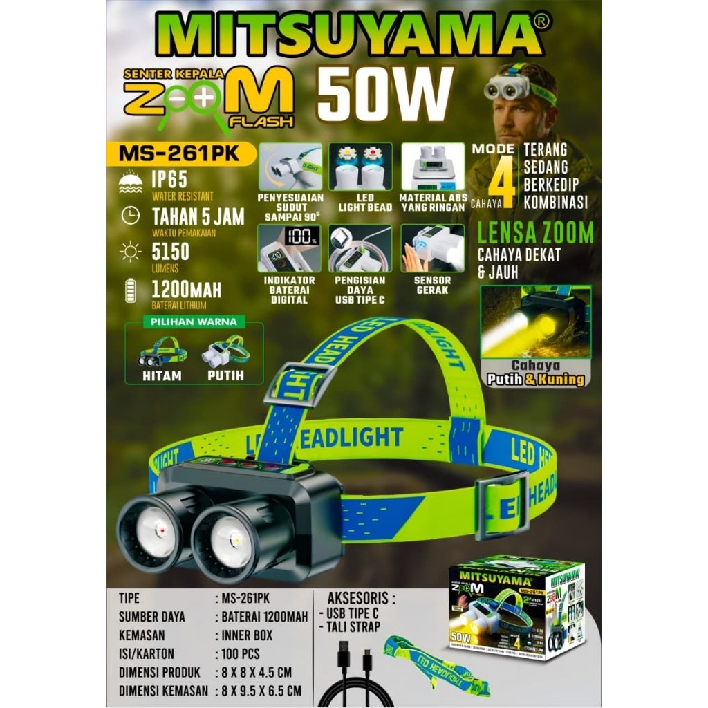 SENTER KEPALA LED ZOOM MITSUYAMA MS-261PK SENSOR DUA CAHAYA PUTIH/KUNING