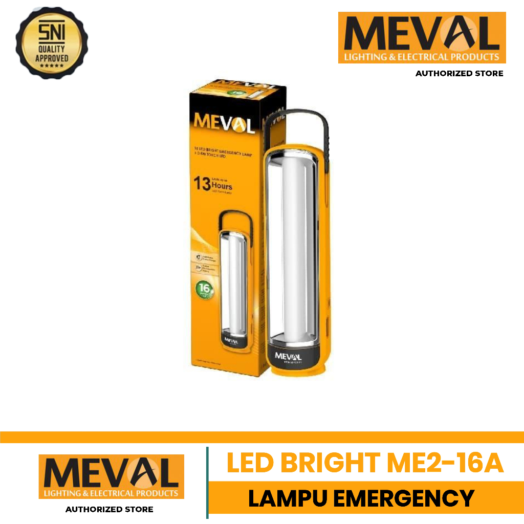 MEVAL LED Bright Emergency ME2-16A Lampu Emergency 16 LED 8W & Senter LED 0.5W Tahan 13 Jam Putih EM