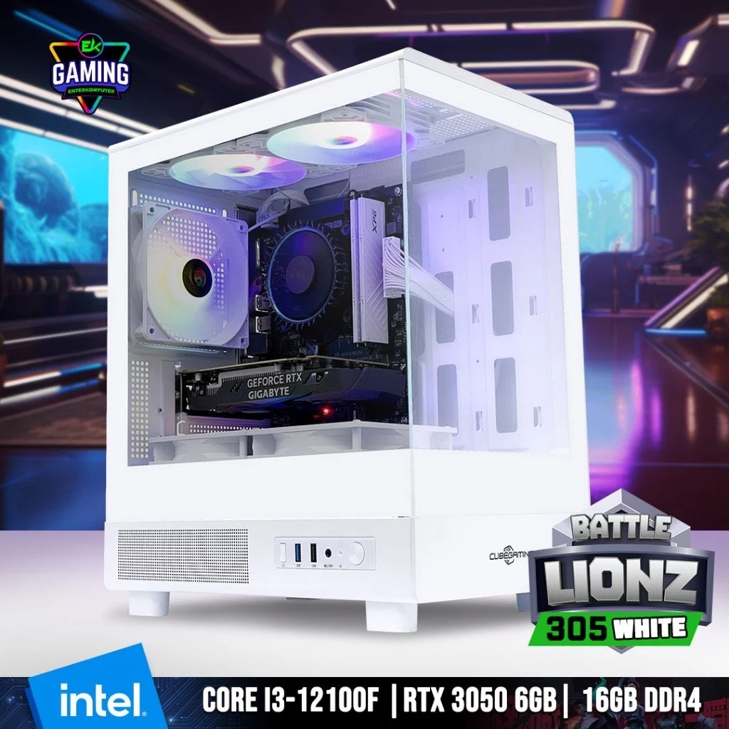 EK Gaming BattleLionz 305 WHITE - PC Rakitan Gaming Core i3-12100F RTX 3050 6GB RAM DDR4 16GB - Ente