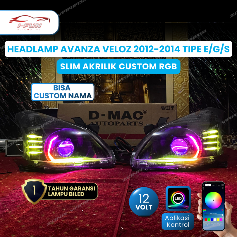 Headlamp Avanza Veloz 2012-2014 Tipe E/G/S Slim Akrilik Custom RGB Biled 3 Inch 12V Full RGB Lampu D