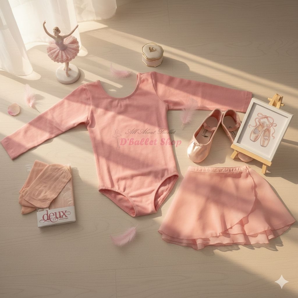 1 Set Baju Ballet Anak/Dewasa Tangan Panjang Lengkap (Leotard, Rok Chiffon, Stoking Deux, dan Soft S