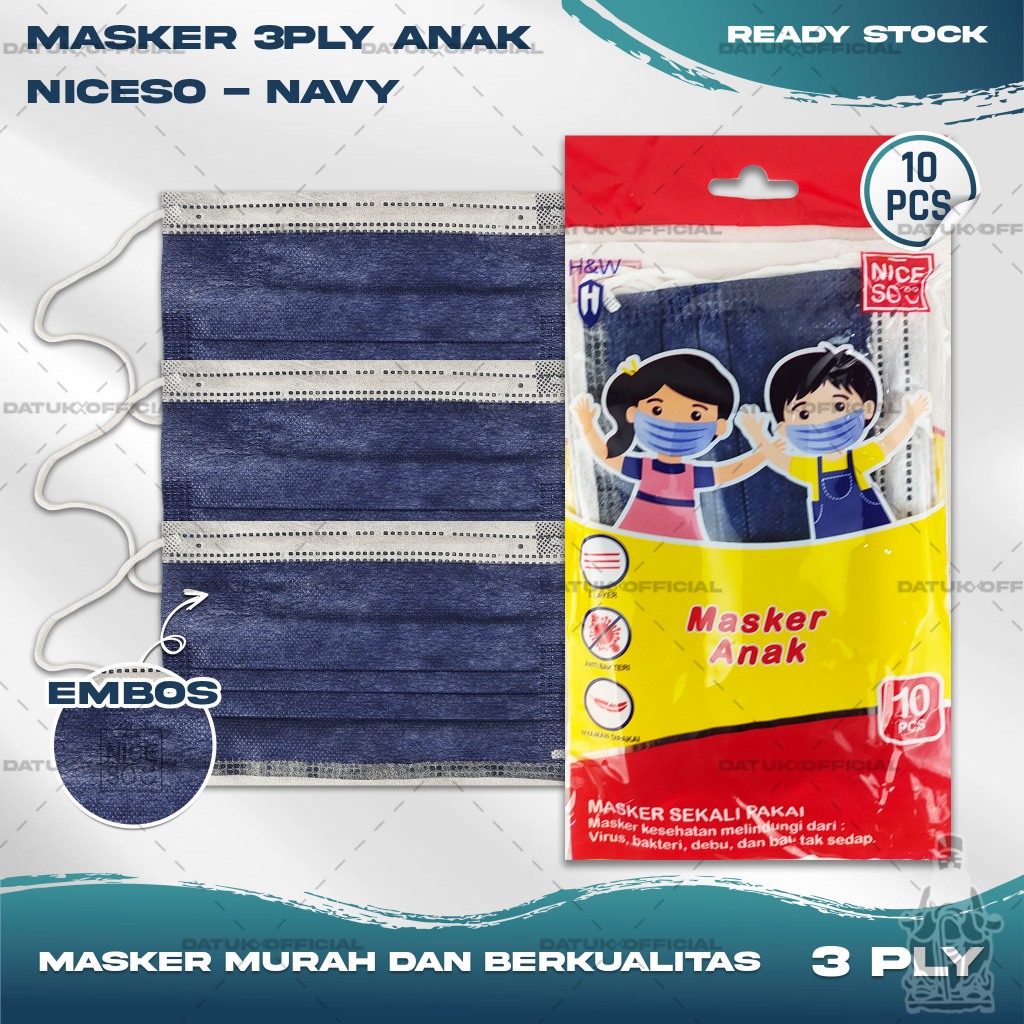 Masker Anak Medis 3Ply NICESO Isi 10Pcs Warna Navy Biru Dongker 3 Ply Earloop Surgical Mask Kemenkes