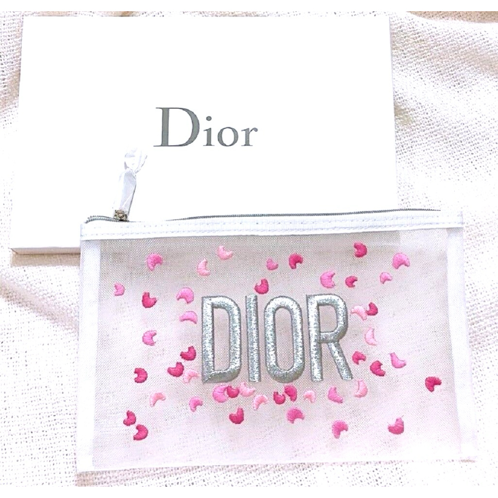 [NEW 100% ORI] Christ*an Dior Pouch Clutch bag Mesh White Pink Hearts Embroidery VIP Gift 23×14cm w/
