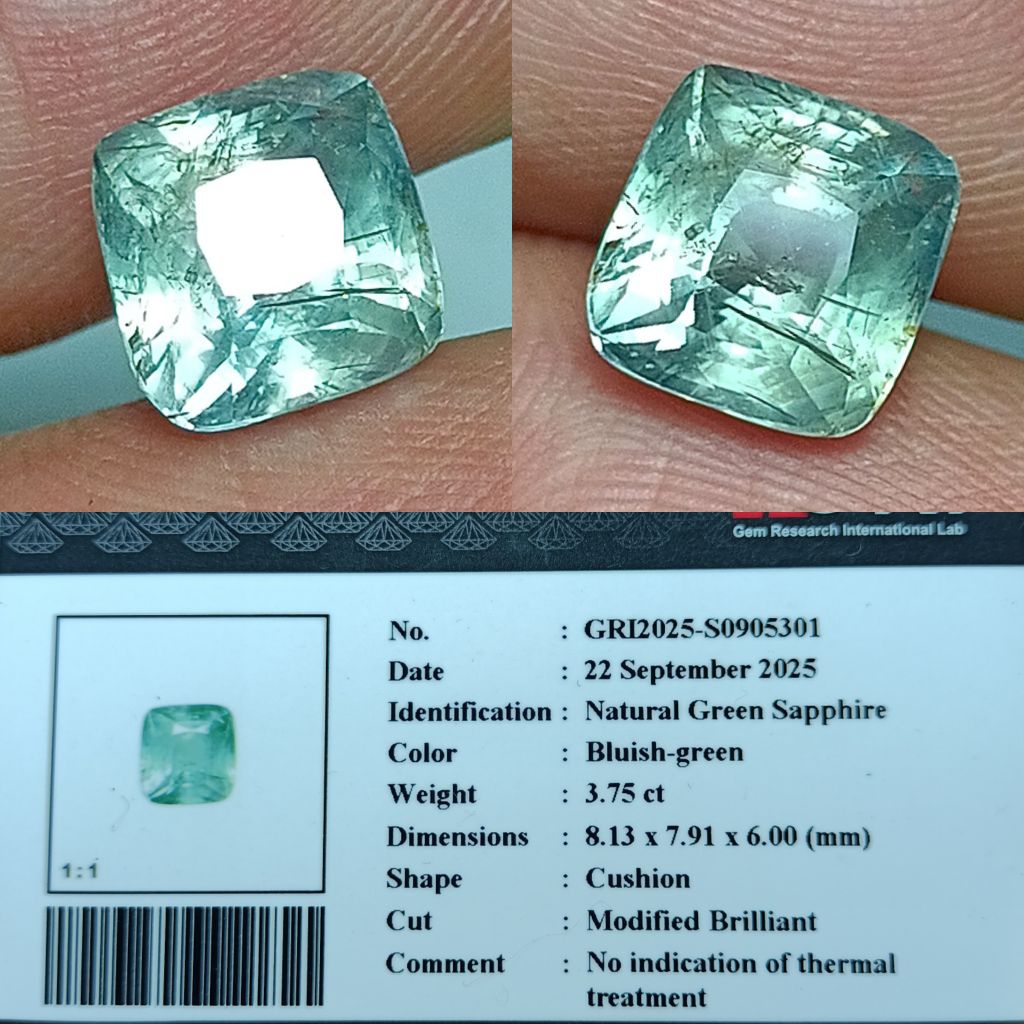 NATURAL GREEN SAPPHIRE NO HEATED BLUISH GREEN MEMO GRI LAB