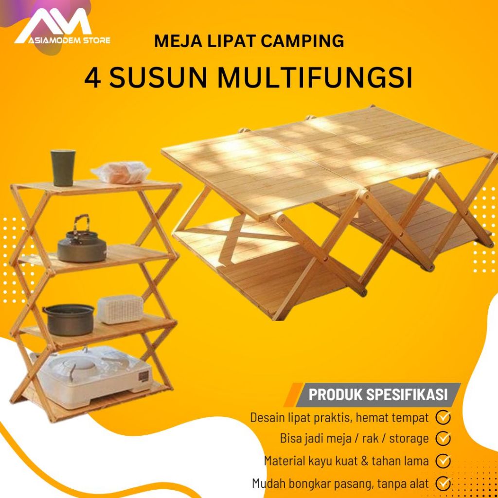 Meja Lipat Kayu Serbaguna Camping Outdoor | Meja Piknik Portable Bisa Jadi Rak | Meja Camping Kayu A