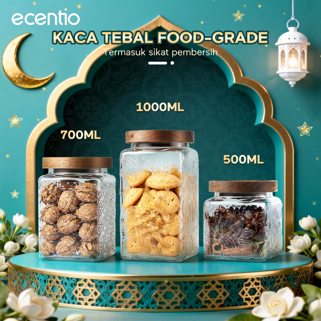 ecentio Toples Mewah Aesthetic ramadan Emas Kaca Ukuran Besar untuk Lebaran - Toples Kue Kering & Ke