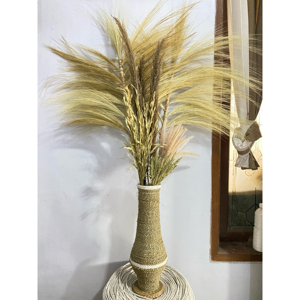 Paket Bunga Kering dan Pot/ Paket Hemat Daun Palem Kering/ Pampas/ Rayung/ Dried Fower