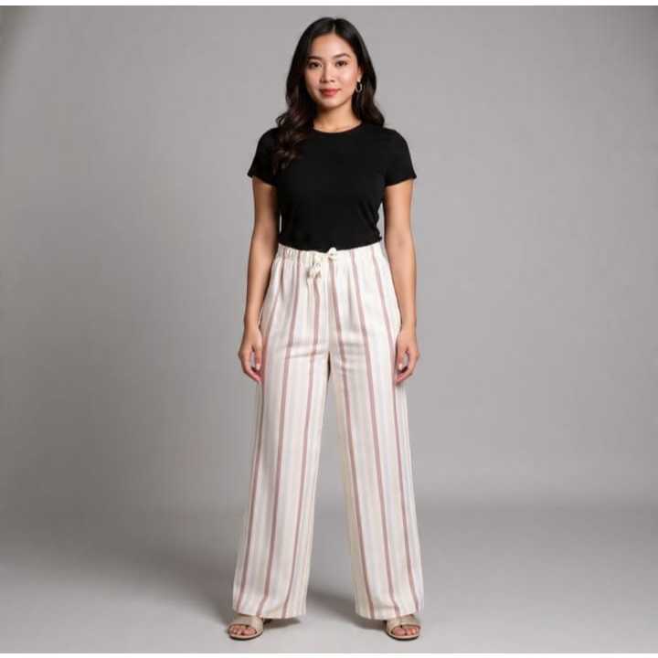 Celana Panjang Wanita Highwaist - Pinggang Karet, Saku Praktis, Pola Garis-garis