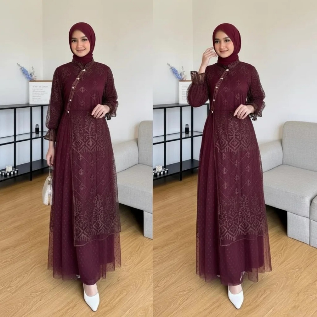 Dress Mahira Terbaru Lebaran 2026 Mewah Elegan / Gamis Brokat Kekinian / Gamis OOTD Korean Style Hij