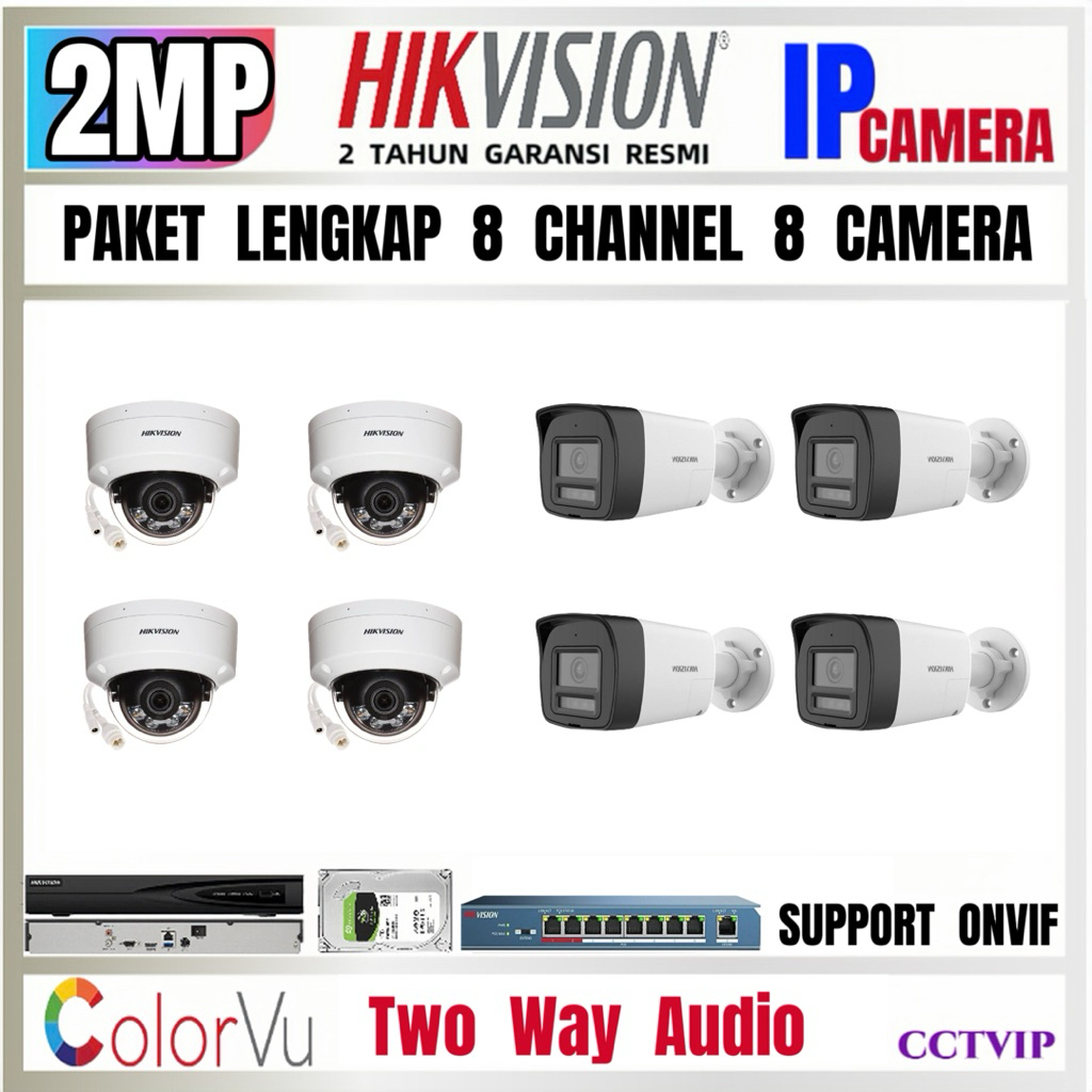 PAKET CCTV IP CAMERA HIKVISION 2MP COLORVU Two Way Audio 8 Channel  8 Camera  IP  POE