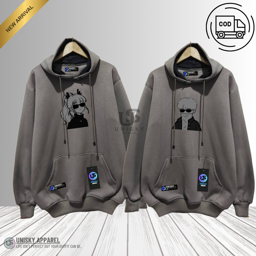 UNISKY( 2 PCS ) Hoodie Couple Distro Sepasang Pria Wanita Warna Carcol List Print Kartun Pasangan B-
