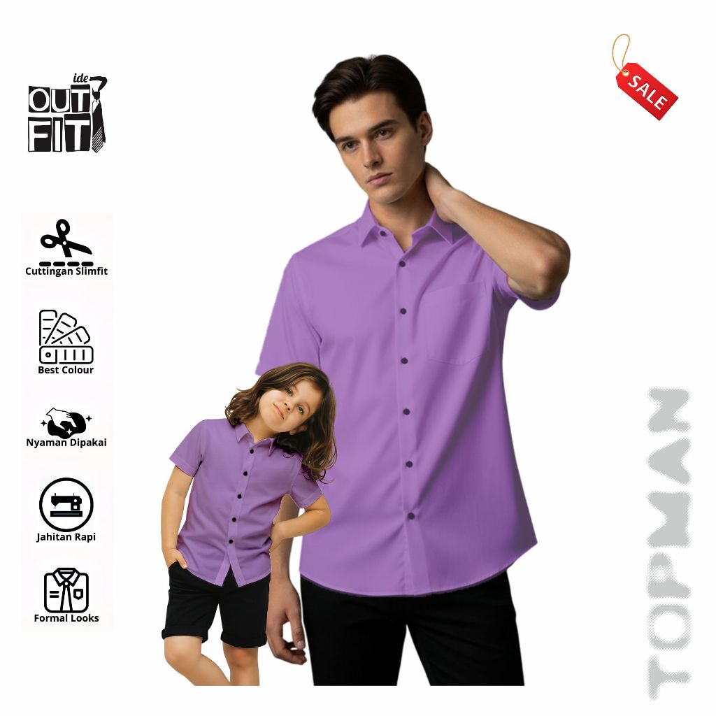 Couple Ayah Dan Anak Kemeja Warna Ungu Lilak Kemeja Polos Lengan Panjang Dan Pendek Katun Premium