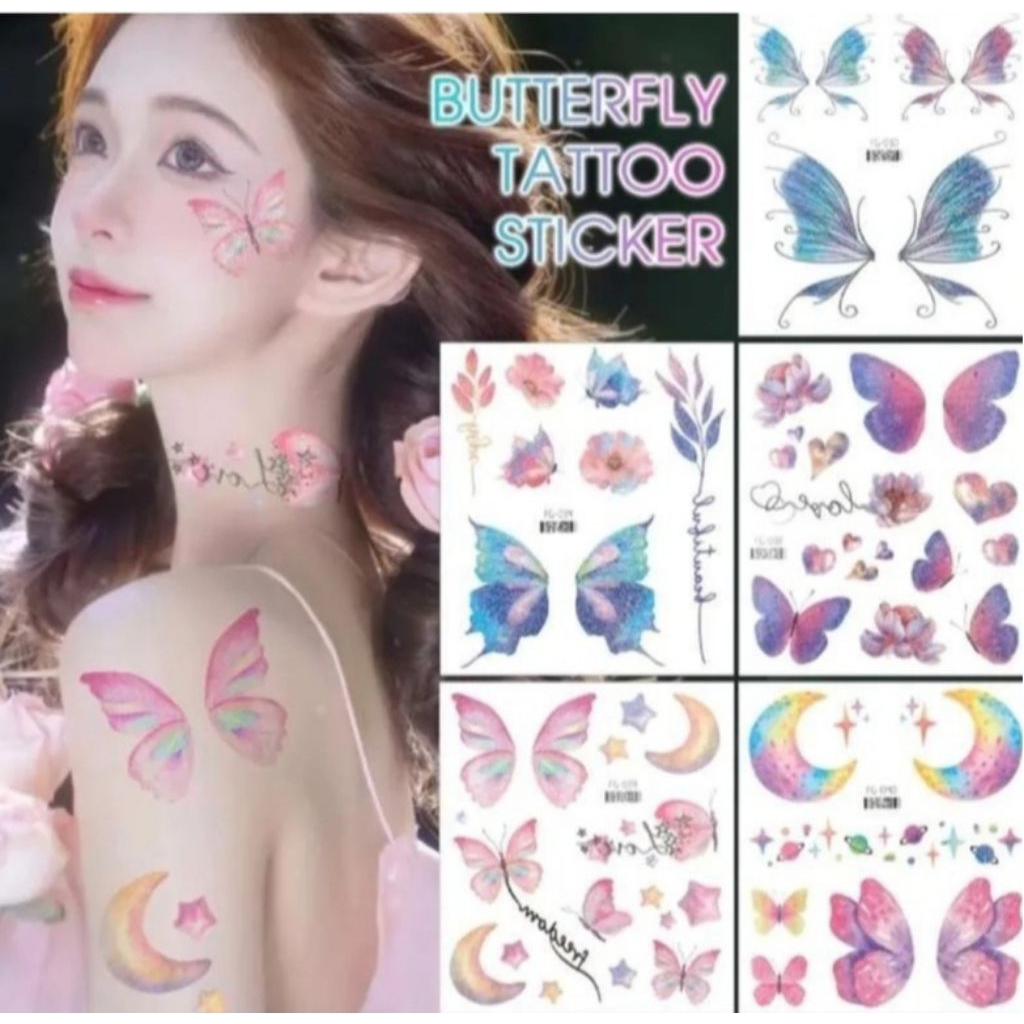 Stiker Tato Kupu-kupu Berkilau Stiker Tato Wajah Tahan Air Stiker Sayap/Tato Temporer Stiker Wajah P