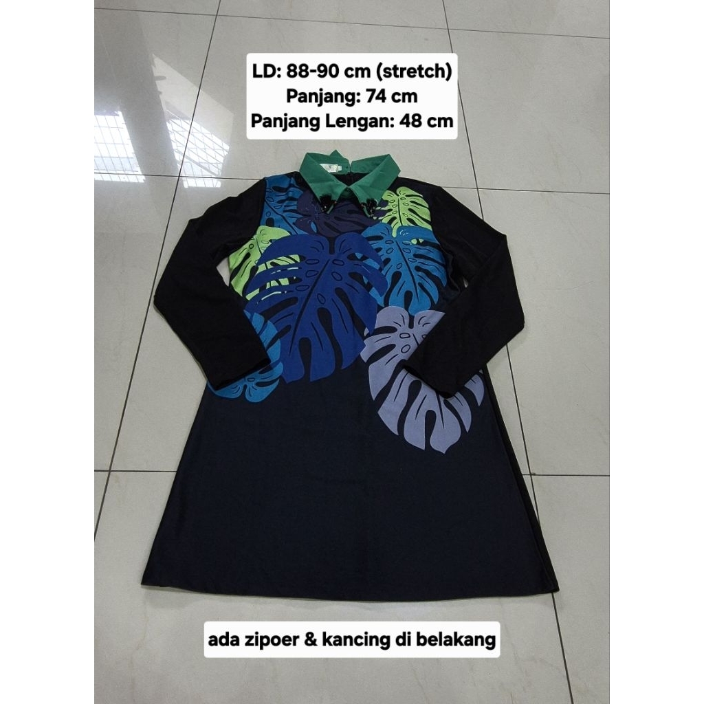 dress korea motif daun lengan panjang