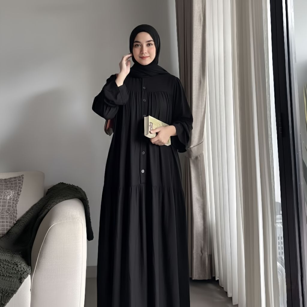 HOT DEALS Nagita Dress Gamis Rayon Twill - Gamis Lebaran Model Lengan Balon Kancing Depan Busui