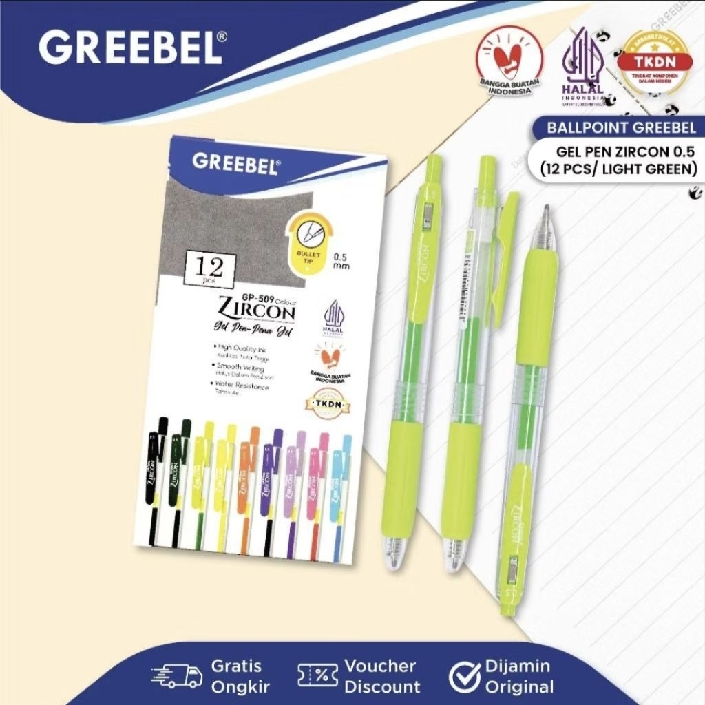 Greebel Pulpen Gel Zircon GP-509 Light Green 0.5 mm (1 pack isi 12) / Ballpen Gel Zircon 0.5 mm Hija