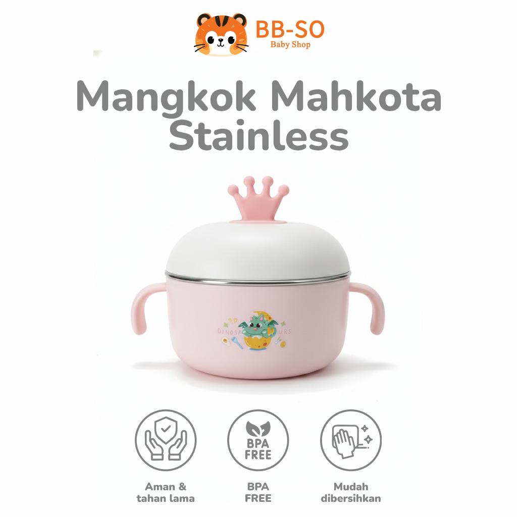 Mangkuk Makan Bayi Stainless Tutup Crown | Anti Panas | Mangkok MPASI Anak Lucu