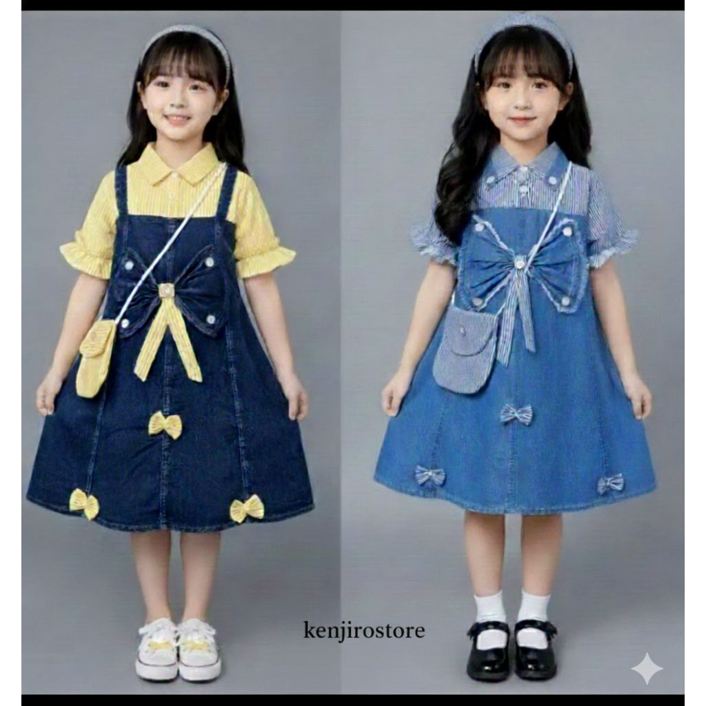 Kenjirostore.. Dress Jeans Larisya Lengan Balon Anak Free Tas Usia 3-10 Tahun / Dress Jeans Mewah Im