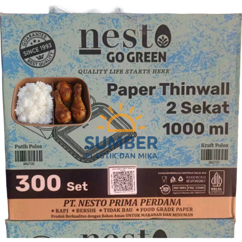 [ 1KARTON 300PCS ] PAPER THINWALL SEKAT 2 1000ML KRAFT +TUTUP / PAPER THINWALL 2 SEKAT 1000ML FOODSA