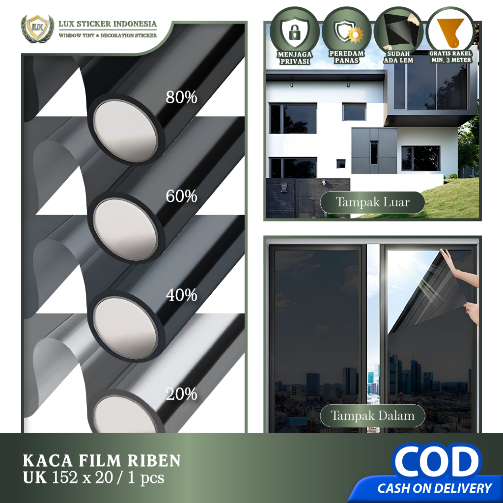 Stiker Kaca Film Riben One Way Mirror Anti UV & Panas | Privasi Siang Hari | Jendela Rumah Mobil