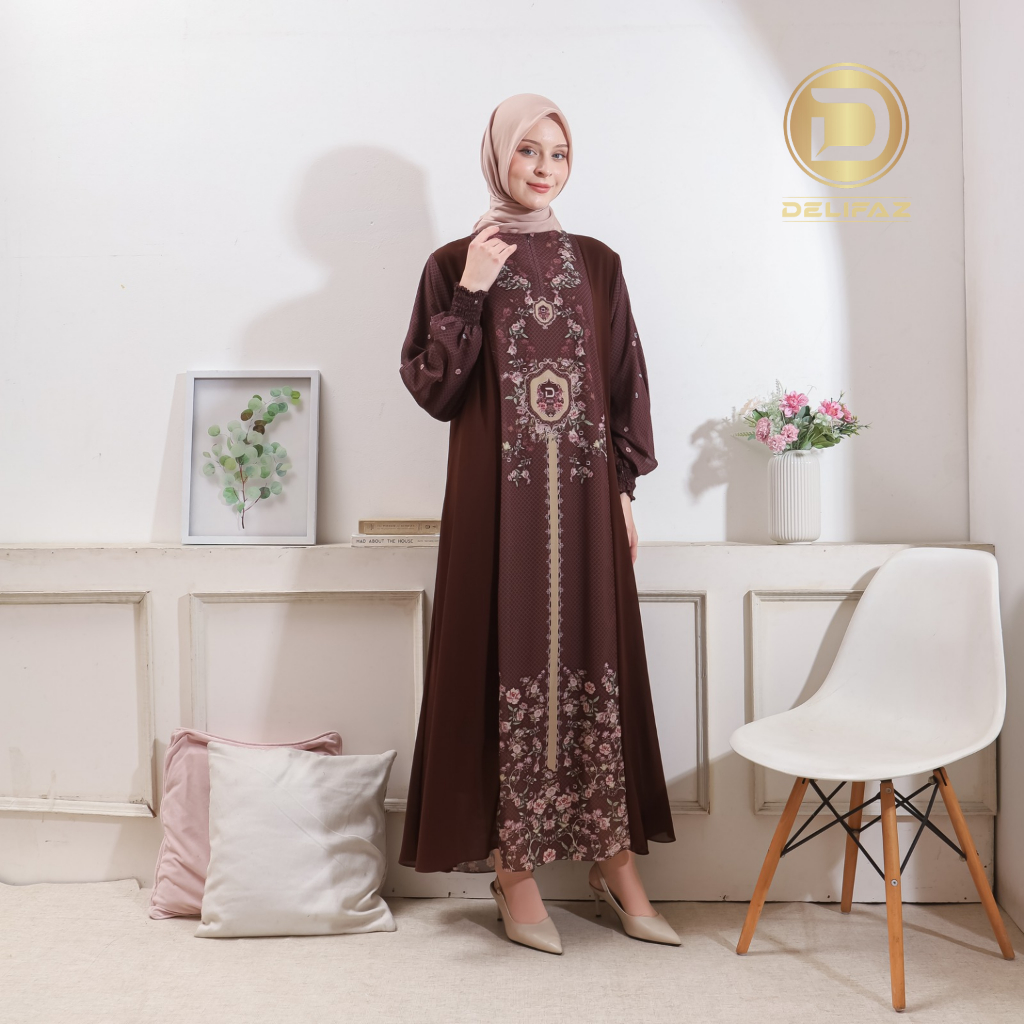 Baju Gamis wanita Ceruty Baby doll Printing  Premium Dres kondangan Daily COKLAT MAHOGANI